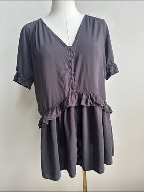 Y2K‎ Neutral Grey Ruffled Babydoll Tunic Top Flowy Relaxed Feminine Women L USA